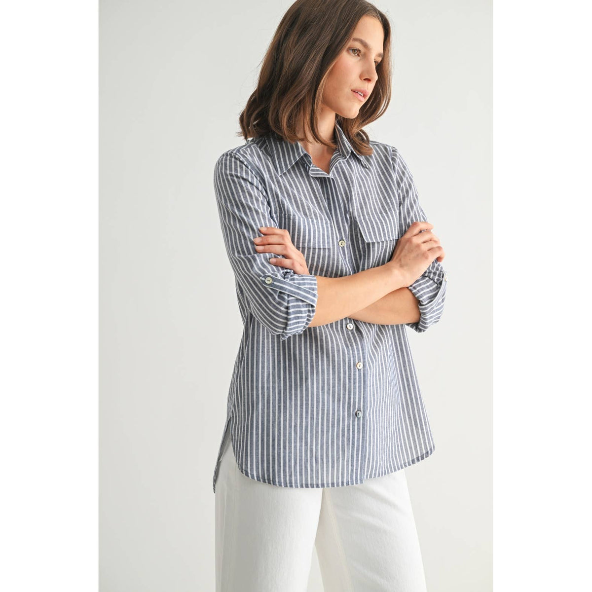 STRIPE 2POCKET SHIRTS: Navy, S-M-L(2-2-2)