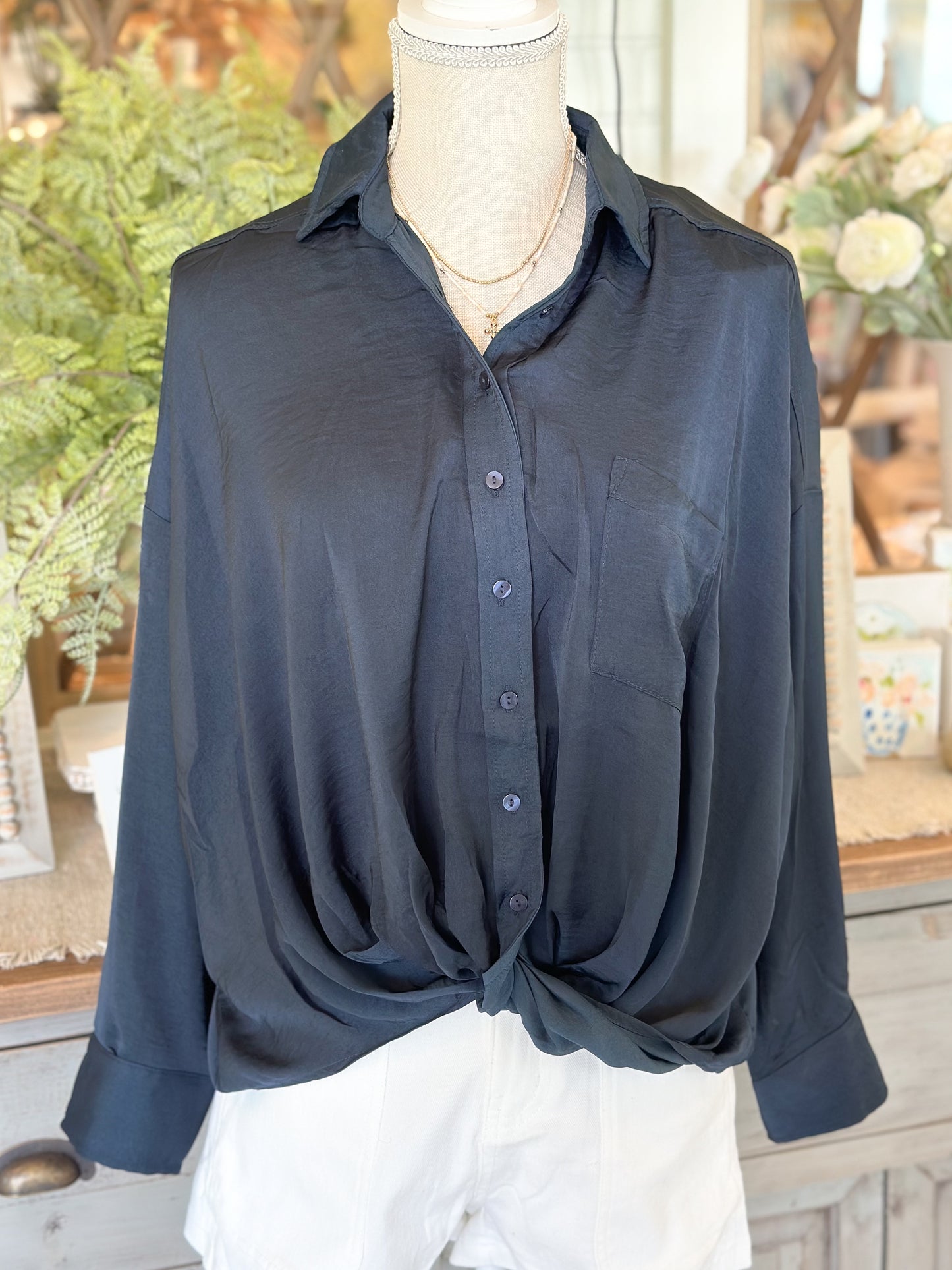 Solid Long Sleeve Blouse - Midnight