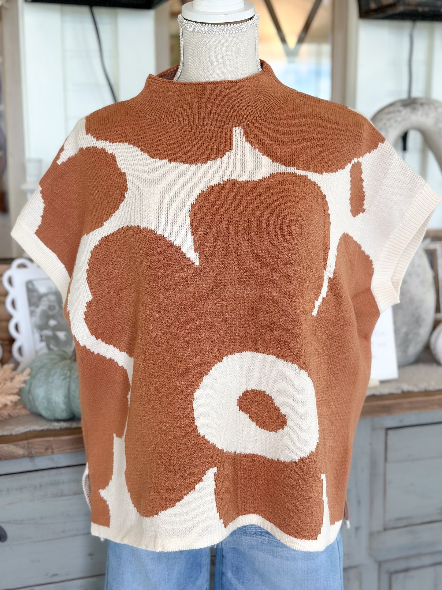 Big Flower Print knit Dolman Sleeves Sweater - Toffee/Off White