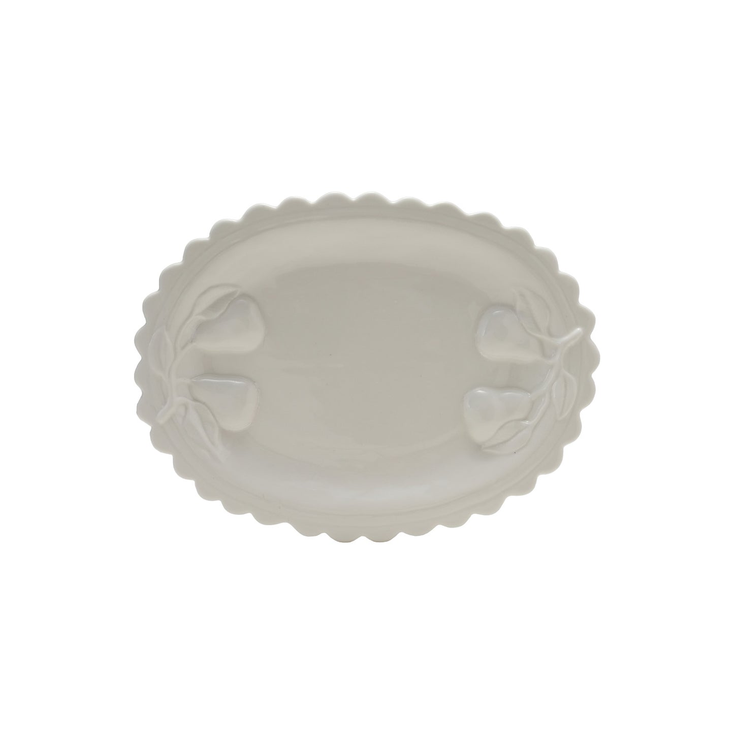 Stoneware Scalloped Platter with Embossed Pears, White