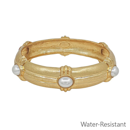 Water Resistant Gold Hammered Elegant 16MM Wide with Pearl Accents Bangle