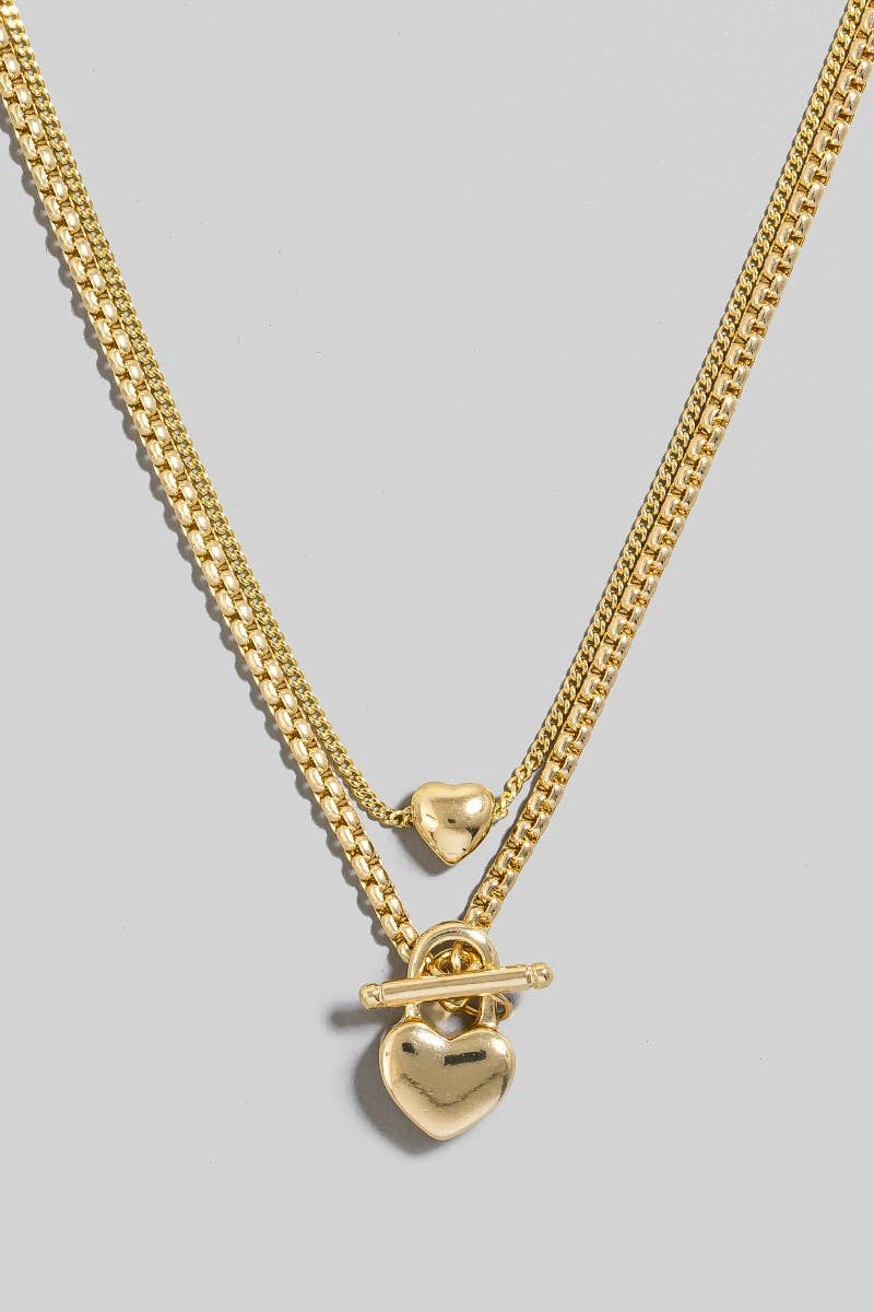 Heart Lock Pendant And Charm Layered Necklace: Gold