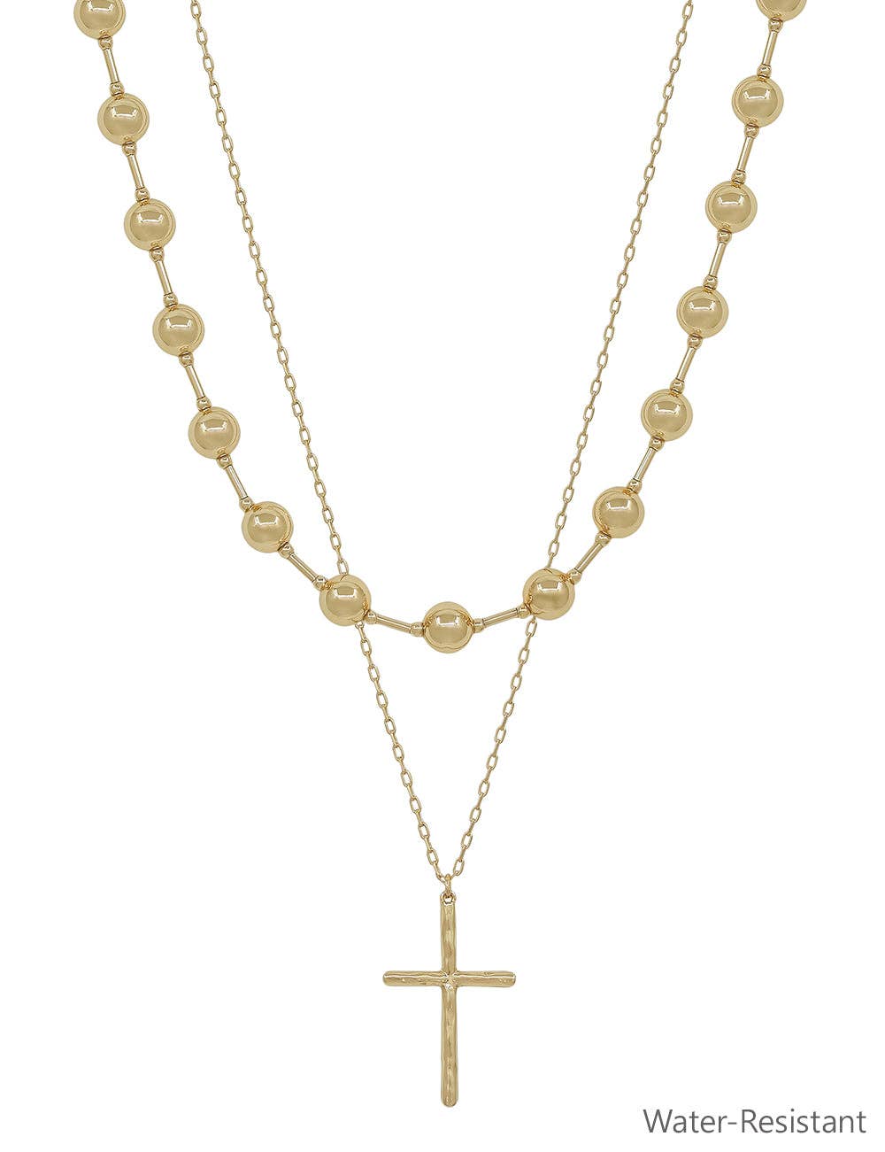 Water Resistant Gold Beaded and Cross Layered 16"-18" Necklace