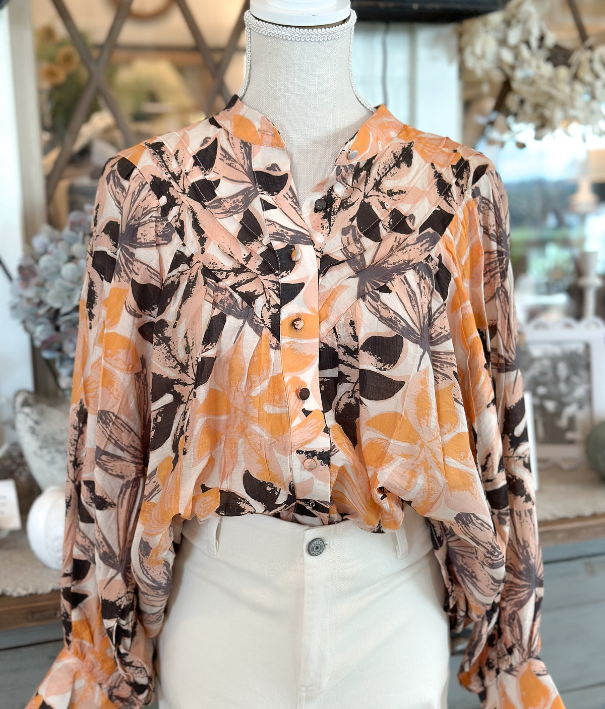 Printed Bubble Sleeve Blouse