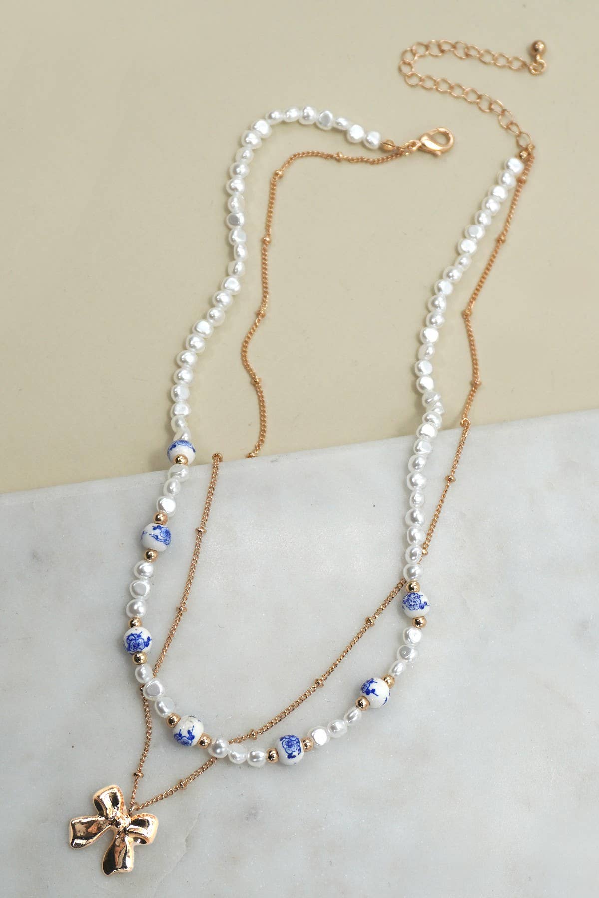 Gold & Blue Ceramic Porcelain Pearl Bow Layer Necklace