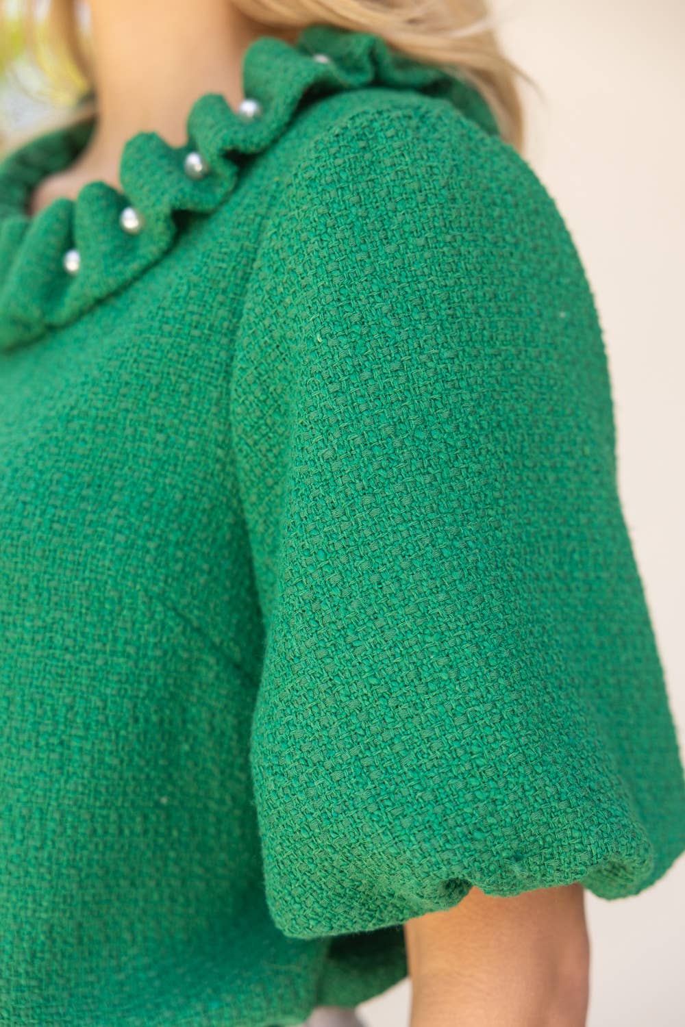 Pearled Ruffle Neckline Top