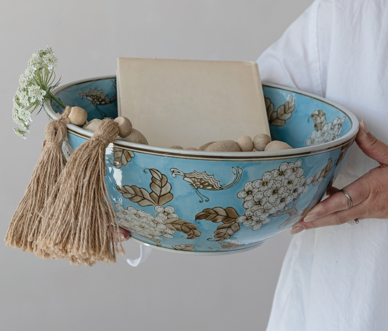 Hand-Painted Stoneware Serving Bowl with Cherry Blossoms, Blue, Brown & White