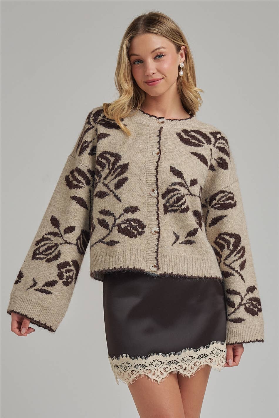 FLORAL BOTANICAL PATTERN INSPIRED SOFT SWEATER FALL CARDIGAN: OATMEAL/MOCHA, S-M-L(2-2-2)