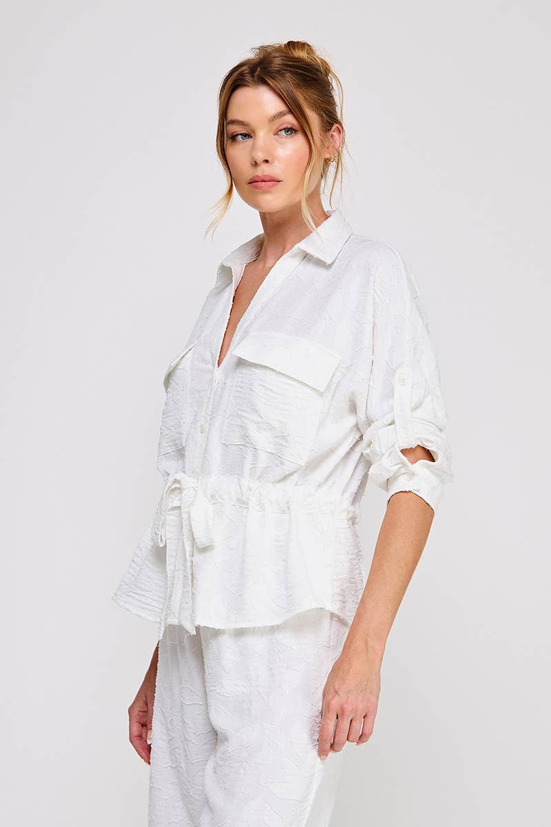 Jacquard utility tie-wait ls blouse: Taupe, S