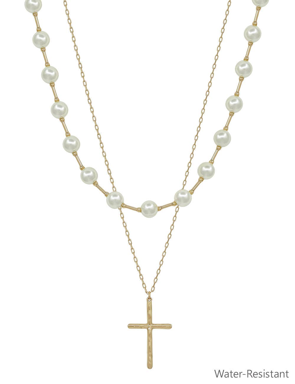 Water Resistant Pearl and Cross Layered 16"-18" Necklace