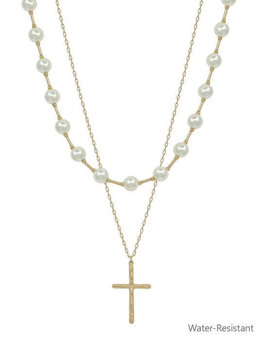 Water Resistant Pearl and Cross Layered 16"-18" Necklace
