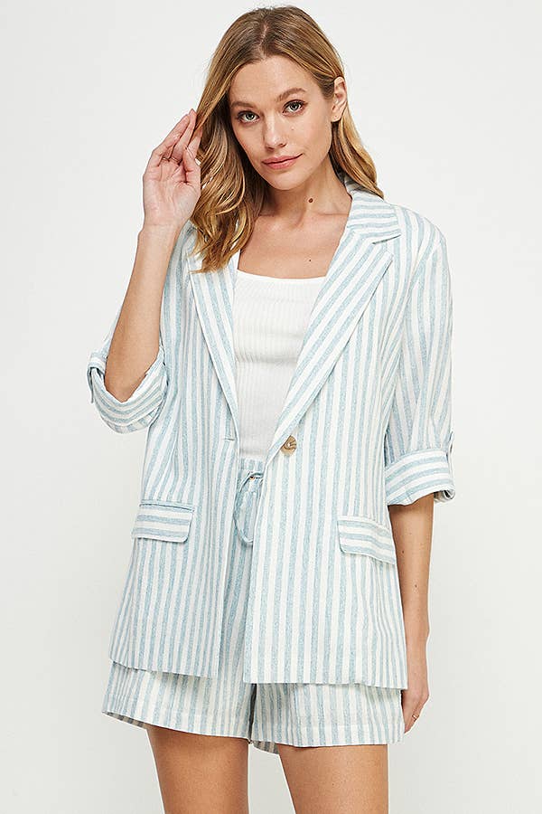 Striped Soft Linen 3/4 Roll-Tab Sleeves Jacket: Soft Blue, L