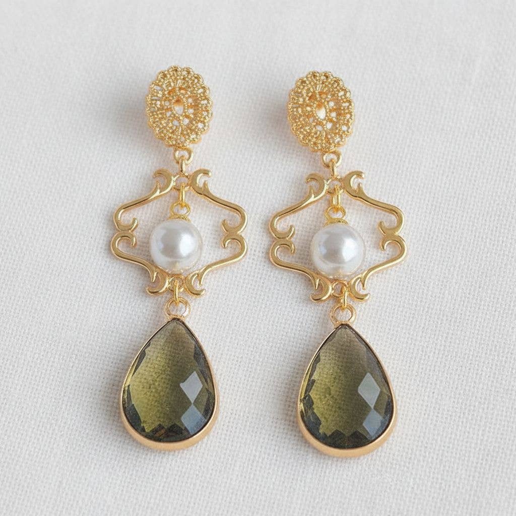 Pearl & Olive Green Crystal Dangle Earrings
