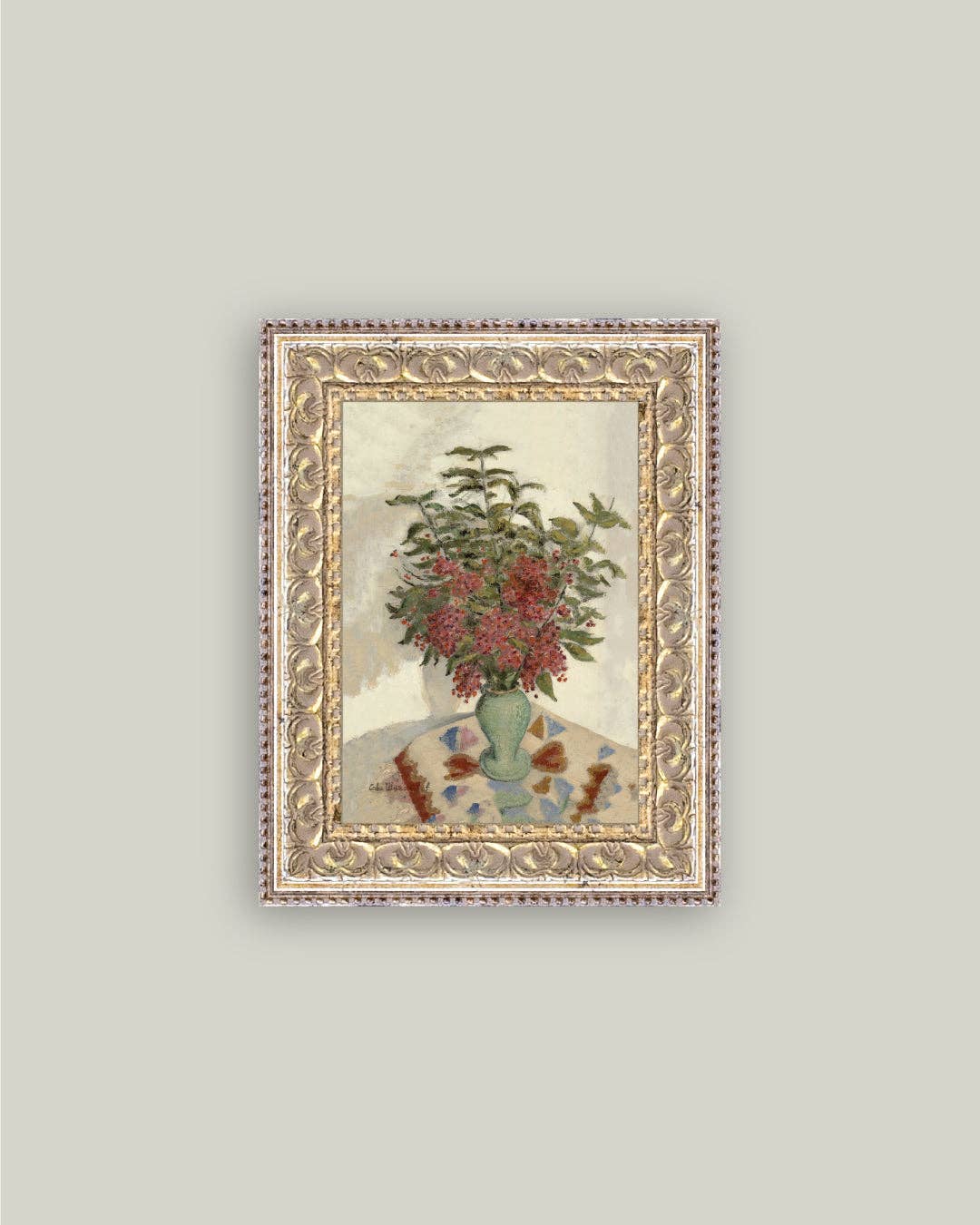 Red Hydrangeas Framed Antique Art: 5x7