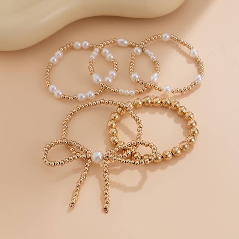 Multi layer Ball Chain Pearl Bow Bracelet