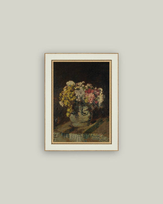 Vase of Pink & Yellow Flowers Framed Antique Art: 4x6