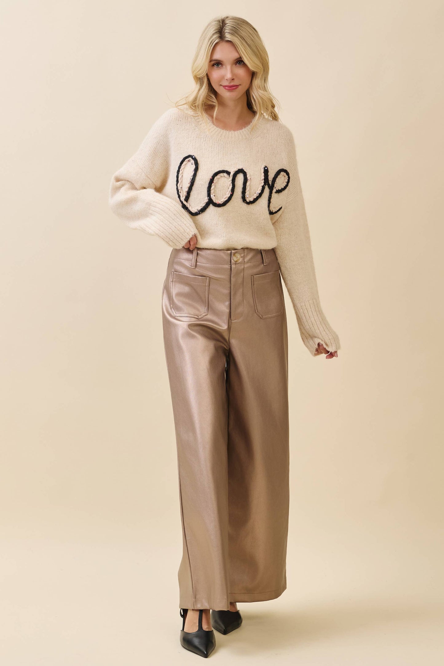 Metallic Wide-Leg Faux Leather Pants | Metallic Taupe