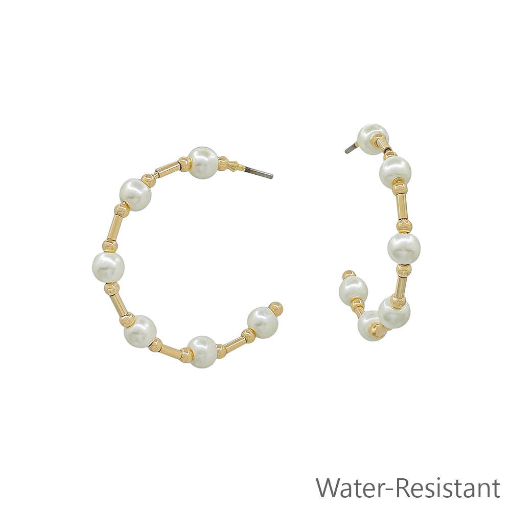 Water Resistant Gold Beaded with 4MM Pearl 1" Hoop Earring
