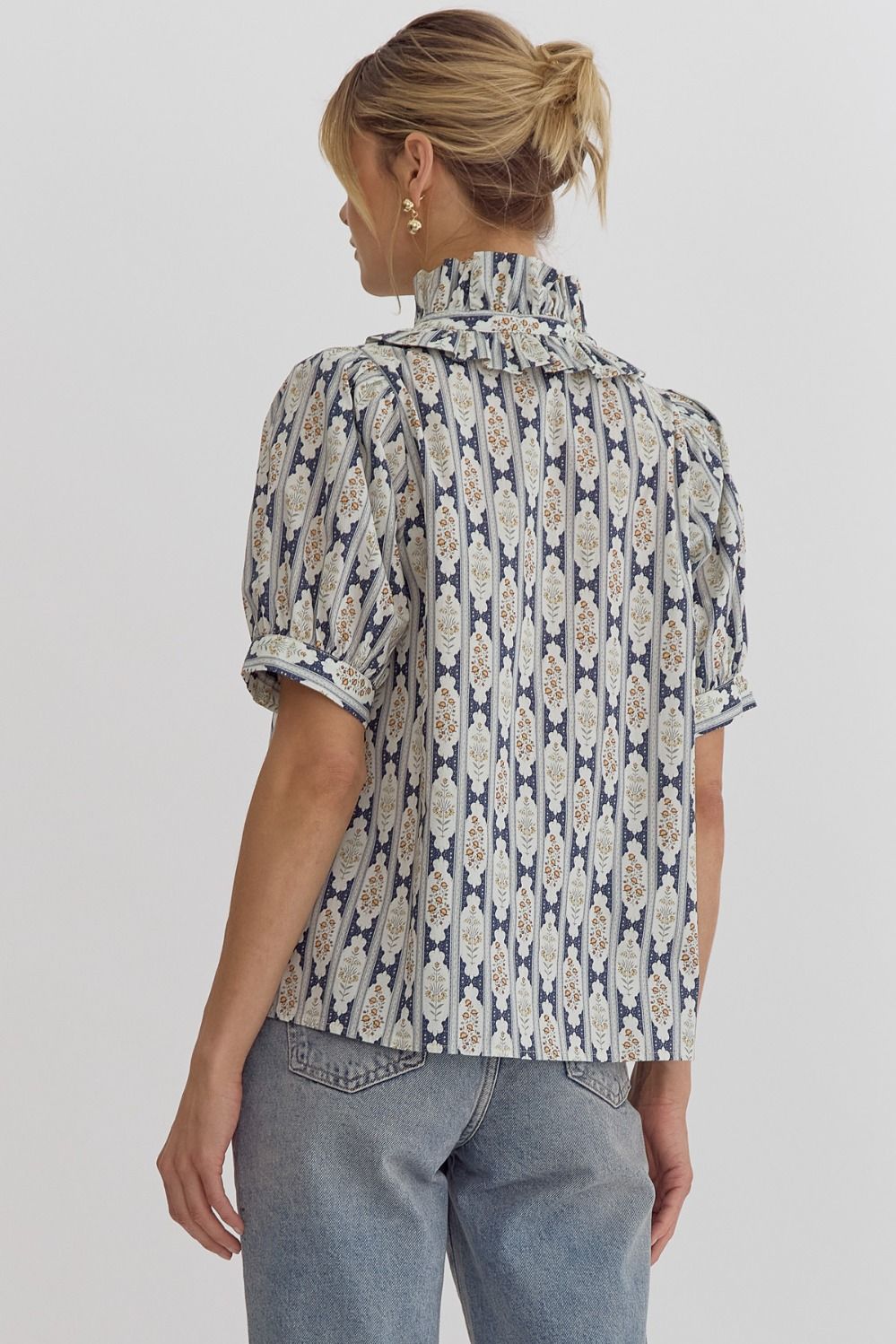 Printed Navy V-Neck Puff Sleeve Top