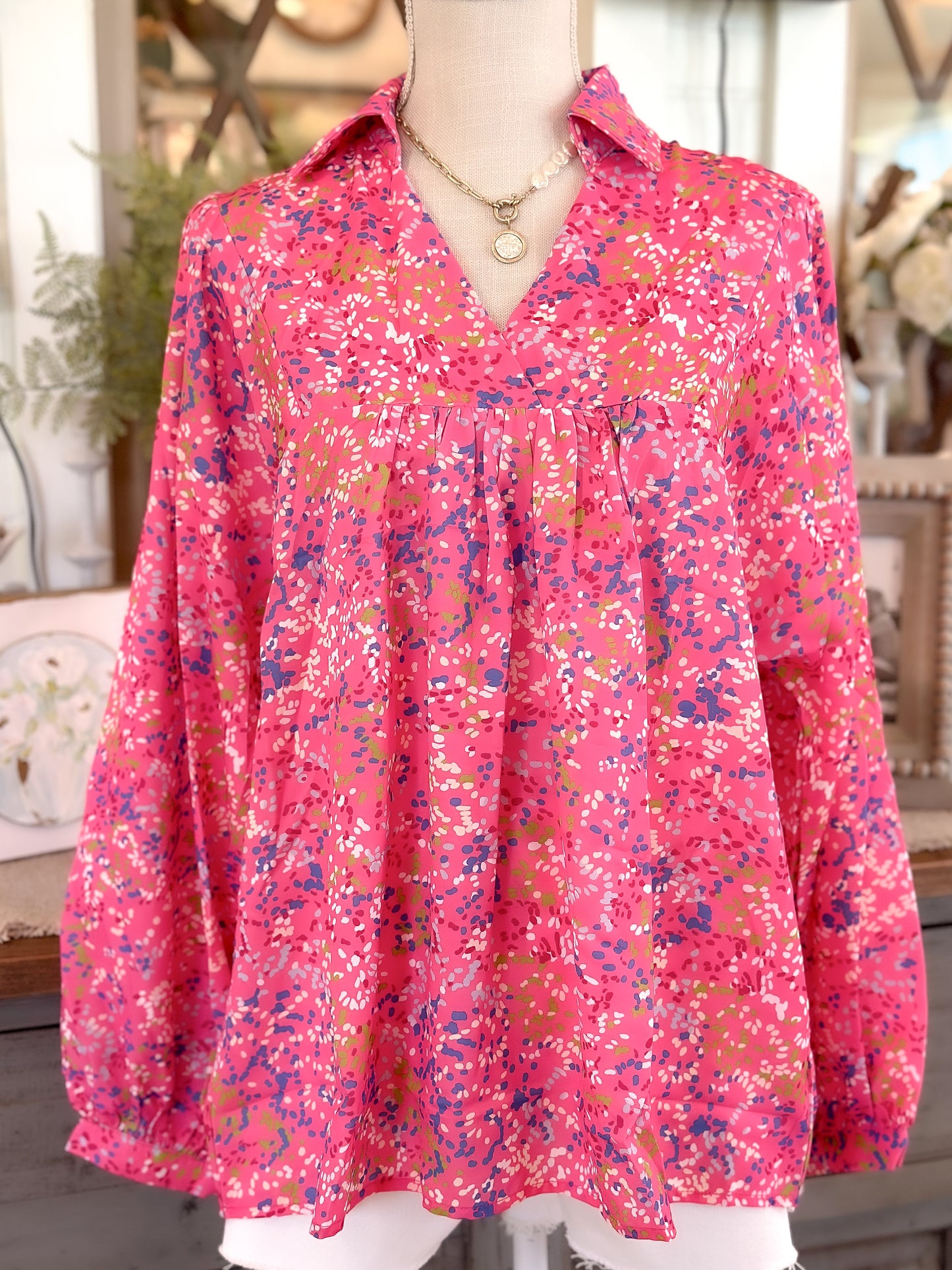 Bonbon Abstract Collared V Neck Babydoll Blouse