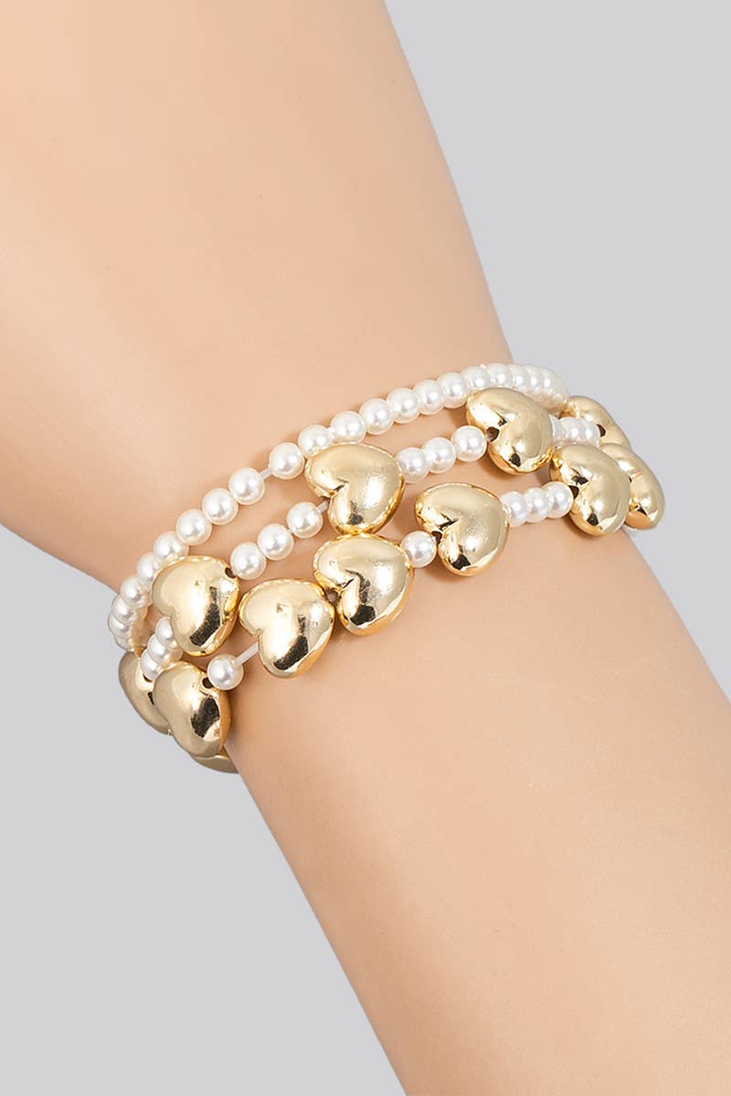 Metallic Hearts And Pearl Beaded Bracelet Set: GDCRM
