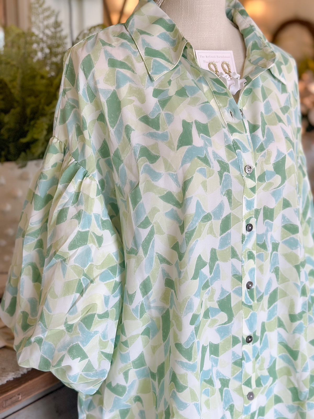 Green Blue and White Geometric Print Blouse-Curvy