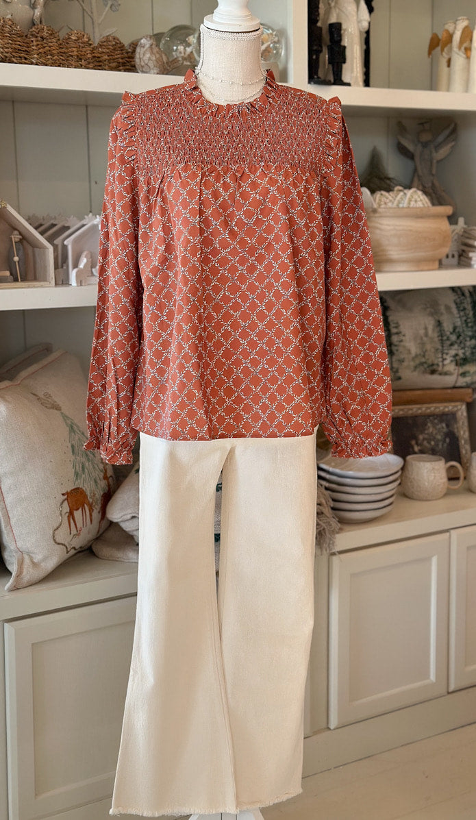 Toffee Print Smocked Yoke Top