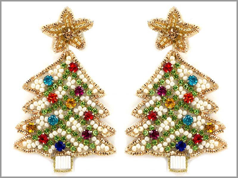White with Color Rhinestone Accents Seed Bead Christmas Tree 2.5" Earring
