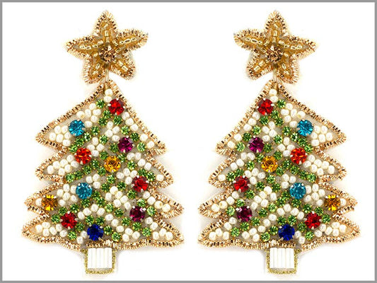 White with Color Rhinestone Accents Seed Bead Christmas Tree 2.5" Earring