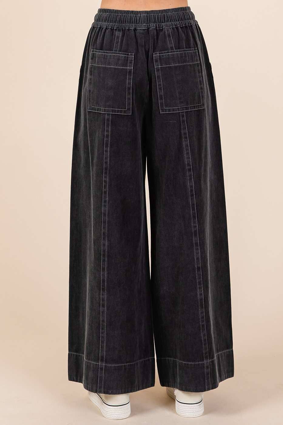 MINERAL WASH WIDE LEG ELASTIC WAIST TWILL PANTS: RED BEAN, S-M-L(2-2-2)