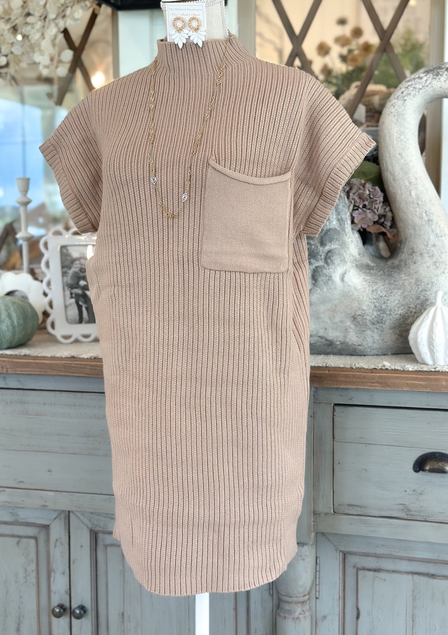 Cream Ribbed Knit Sweater Dress