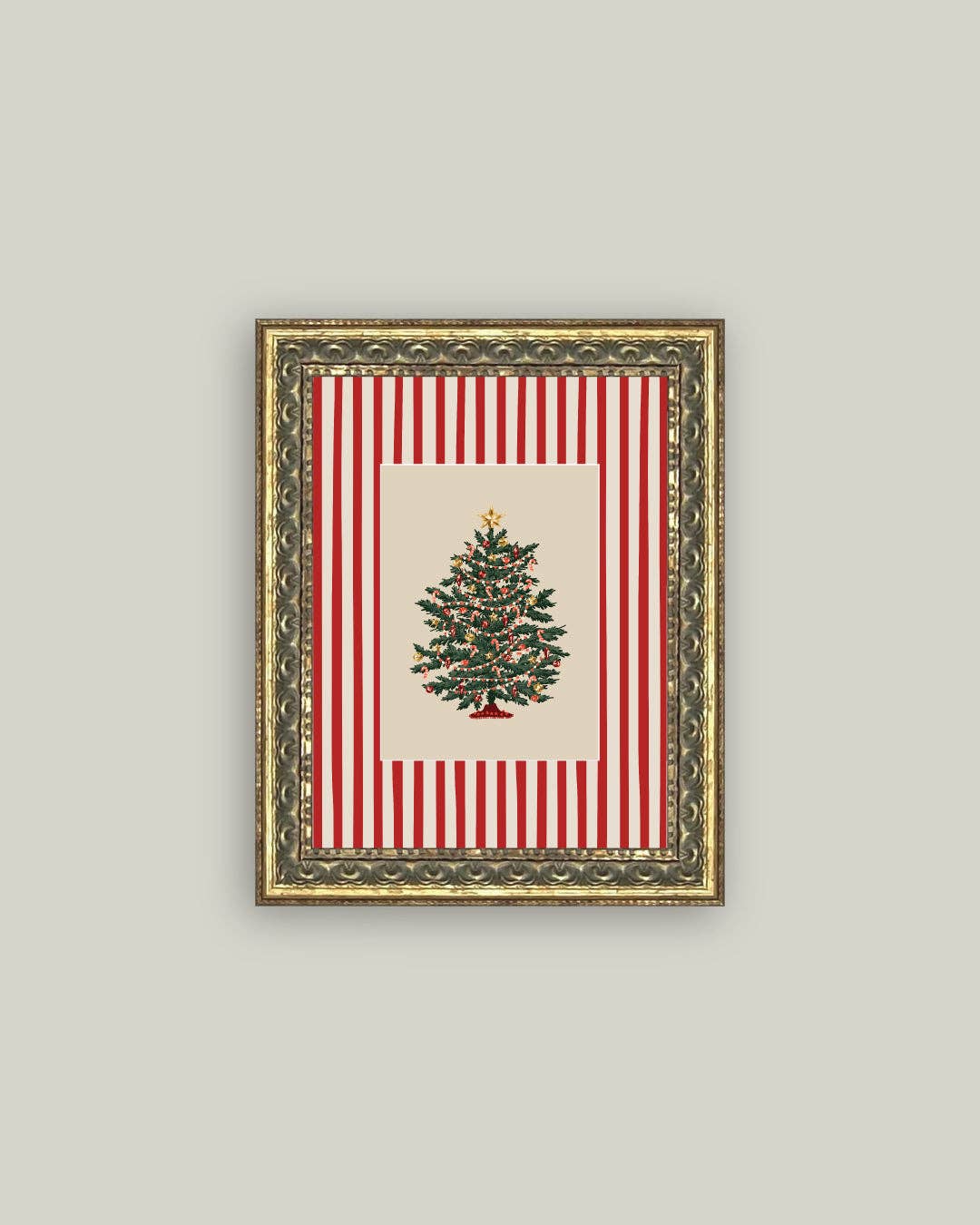 Peppermint Stripe Tree Framed Antique Art | 5x7