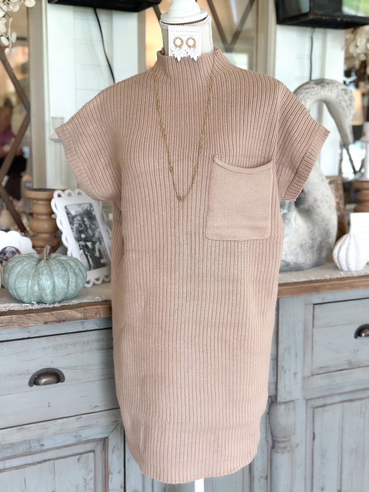 Cream Ribbed Knit Sweater Dress