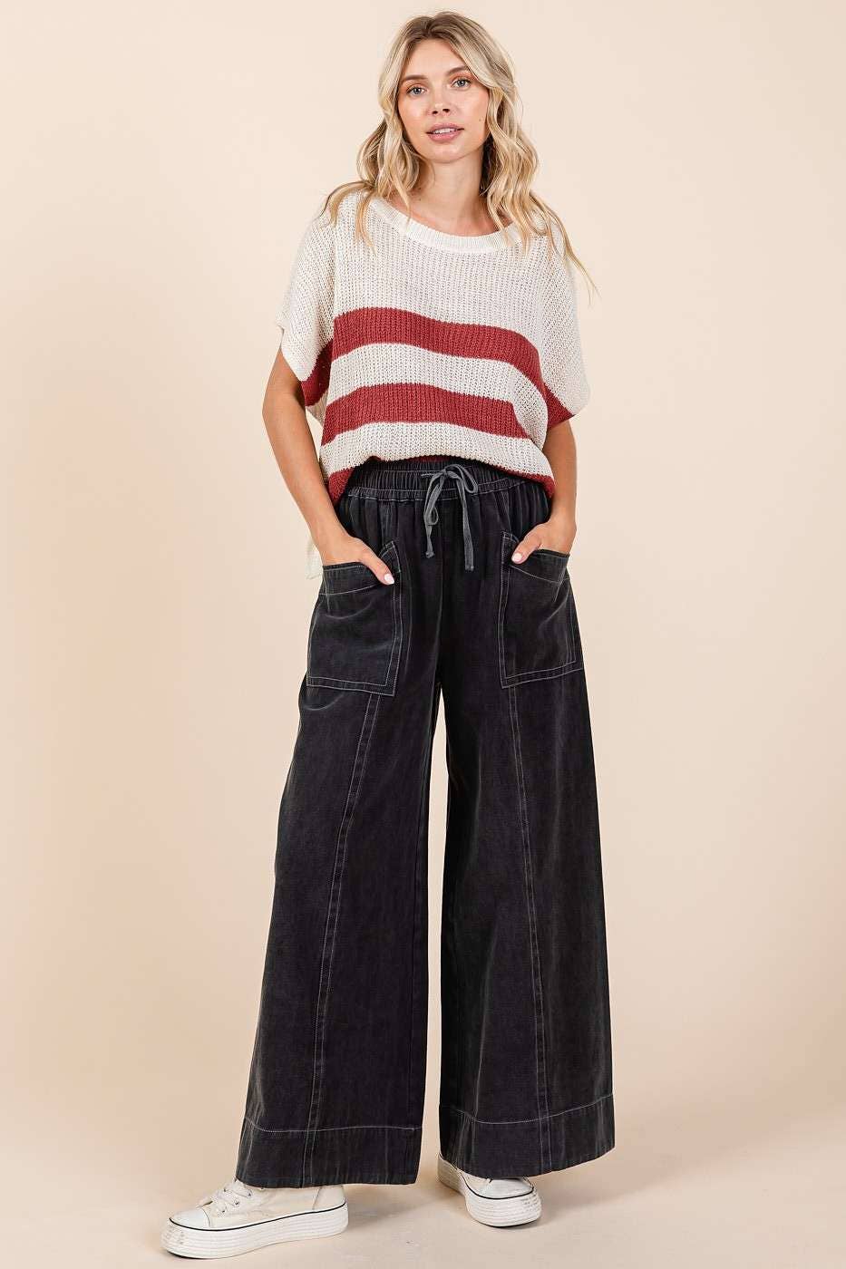 MINERAL WASH WIDE LEG ELASTIC WAIST TWILL PANTS: RED BEAN, S-M-L(2-2-2)