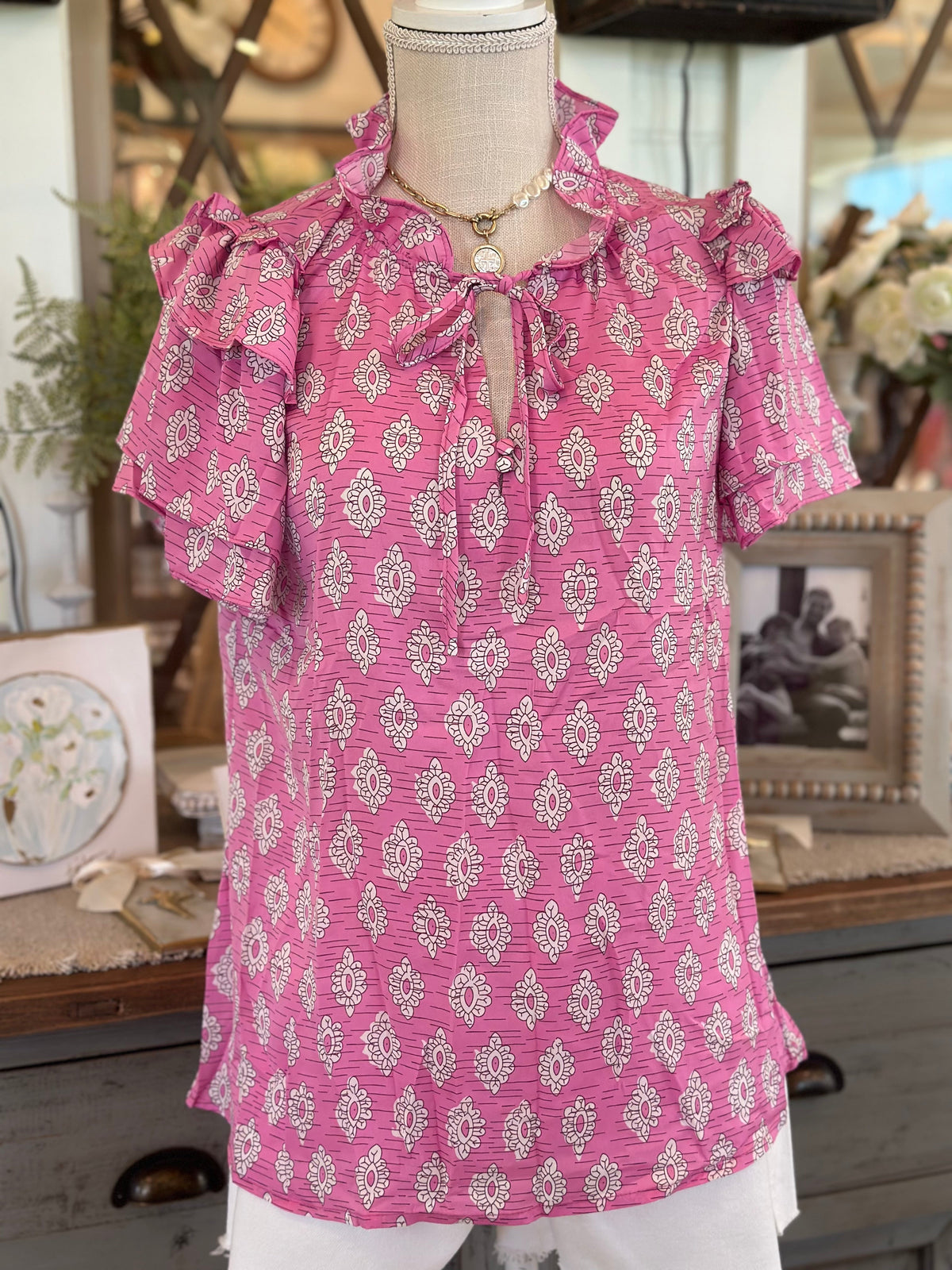 Pink Floral Ruffled Split Neck Short Sleeve Blouse