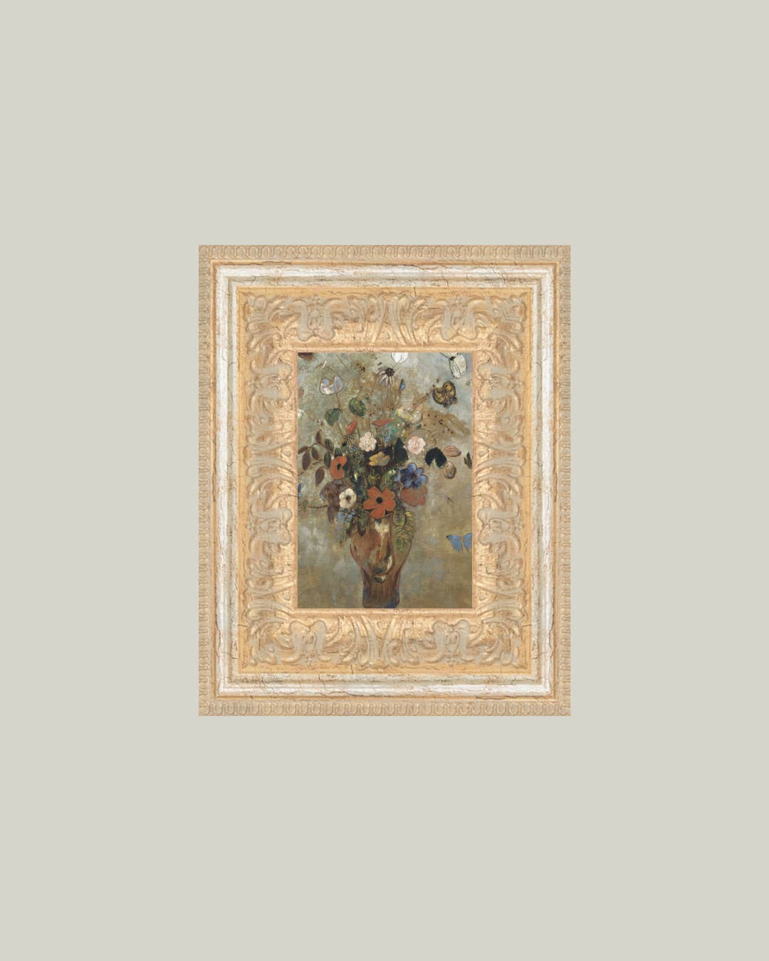 Flower Butterfly Vase Framed Antique Art: Mini