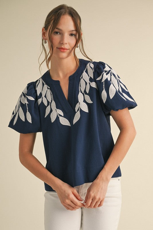 Navy Leaf Embroidered Puffed Sleeves Top