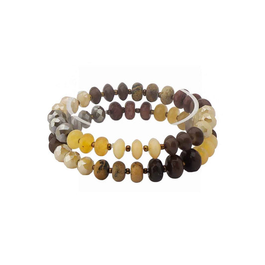 Set of 2 Brown, Cream, and Natural Beaded Stretch Bracelets