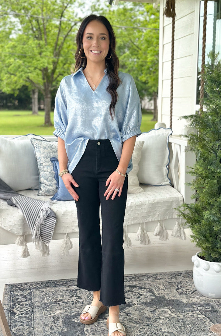 Blue Metallic 1/2 Dolman Sleeves Top