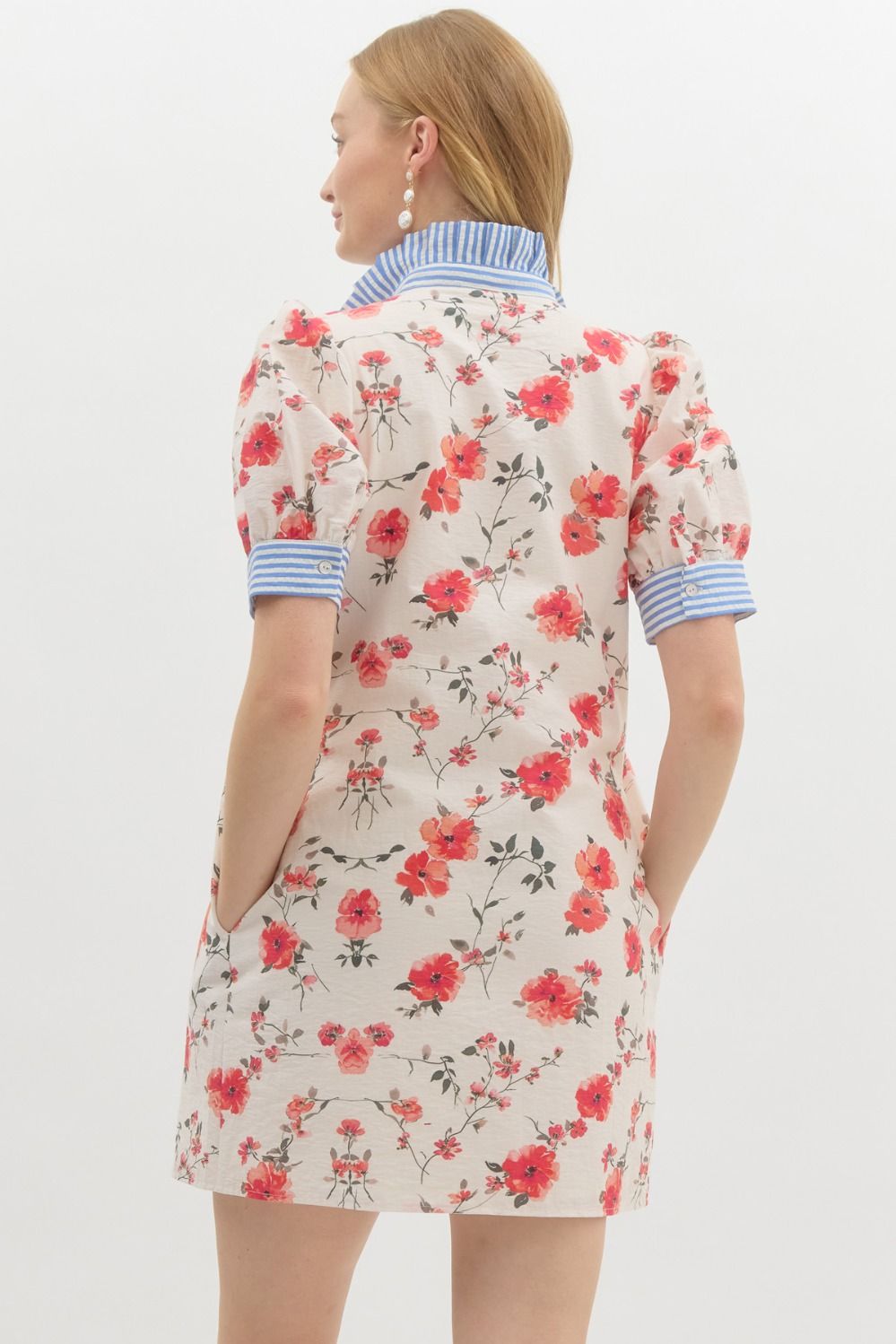 Coral Floral Print Dress with Striped Collar