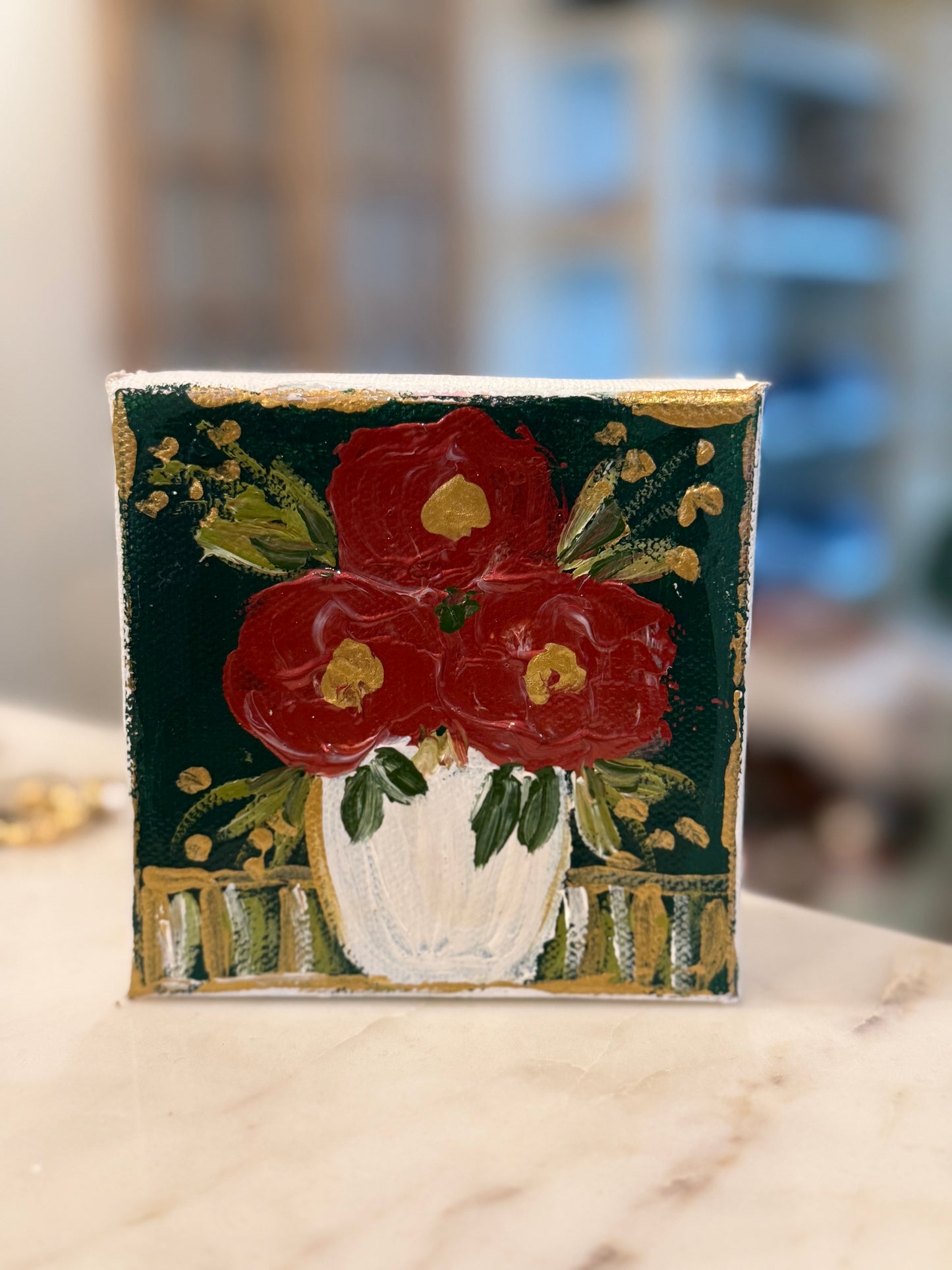 4x4 Hand painted Flowers - Green & red