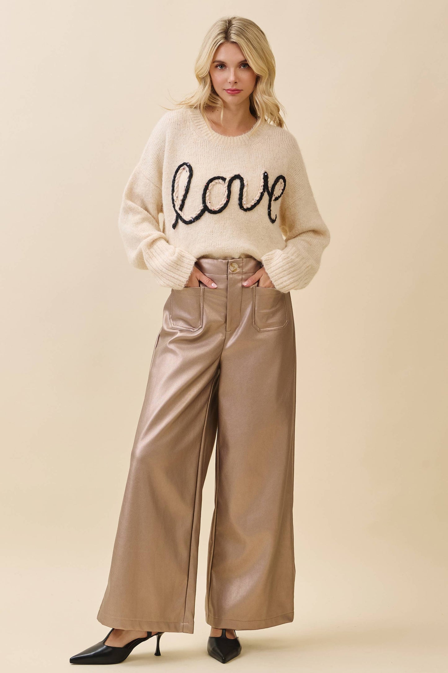 Metallic Wide-Leg Faux Leather Pants | Metallic Taupe