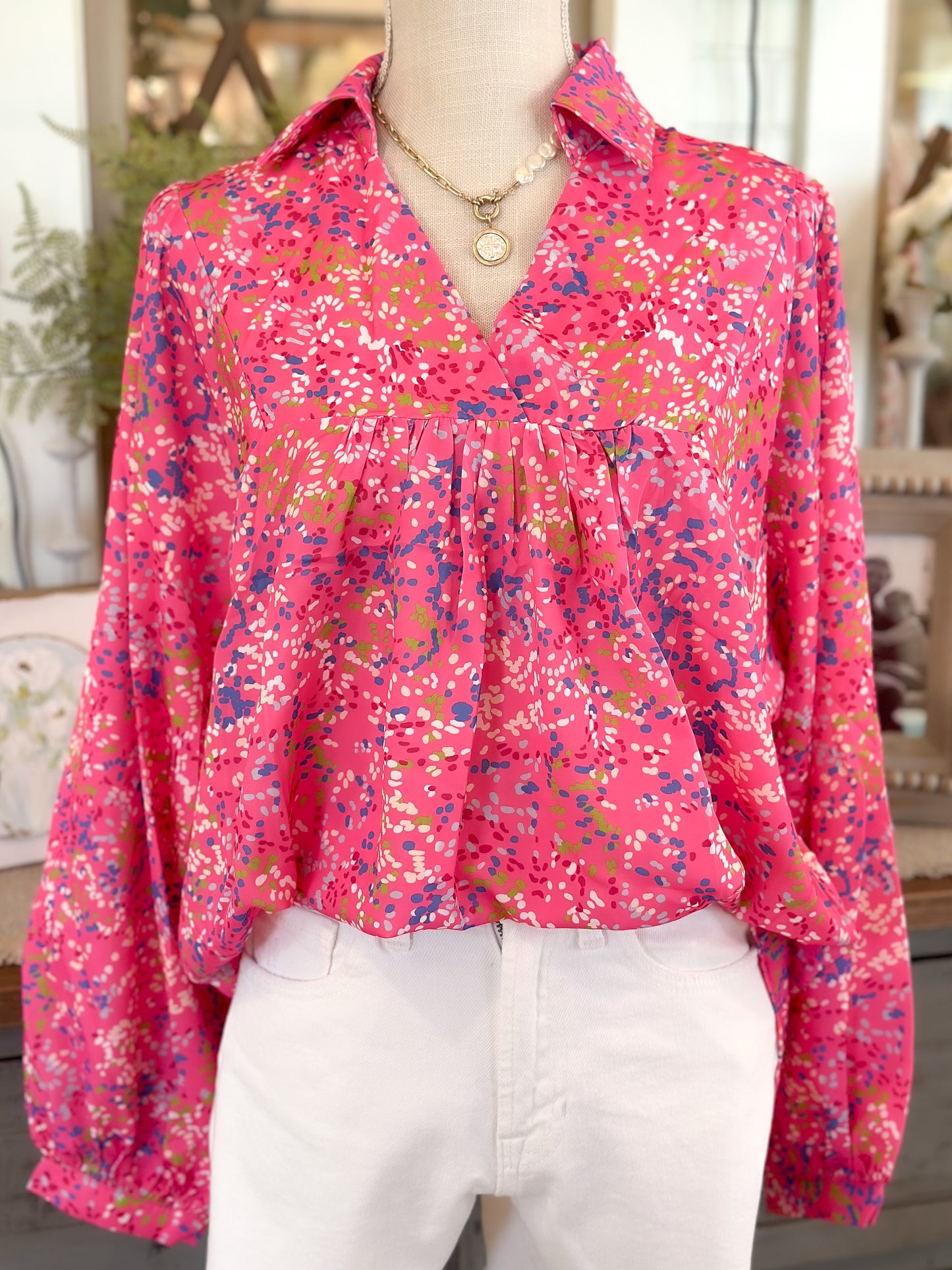 Bonbon Abstract Collared V Neck Babydoll Blouse