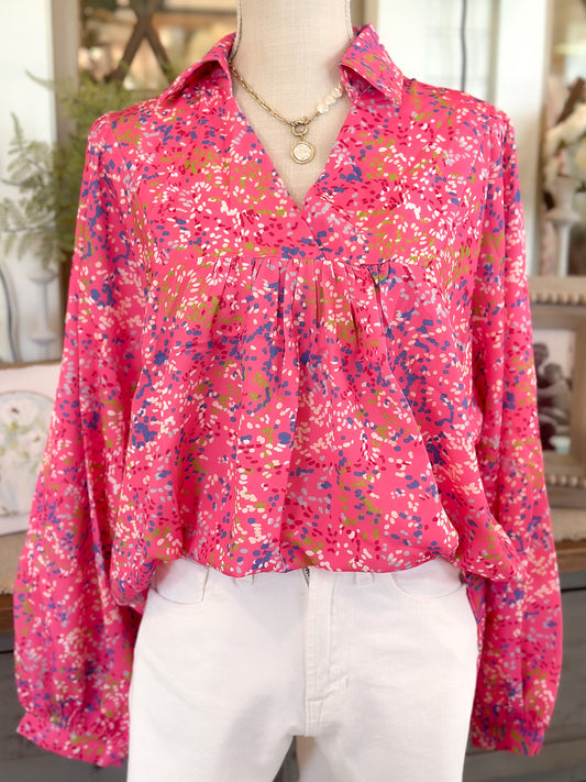 Bonbon Abstract Collared V Neck Babydoll Blouse