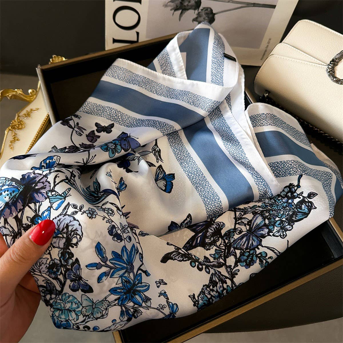 Silky Butterfly Print Scarf | Blue