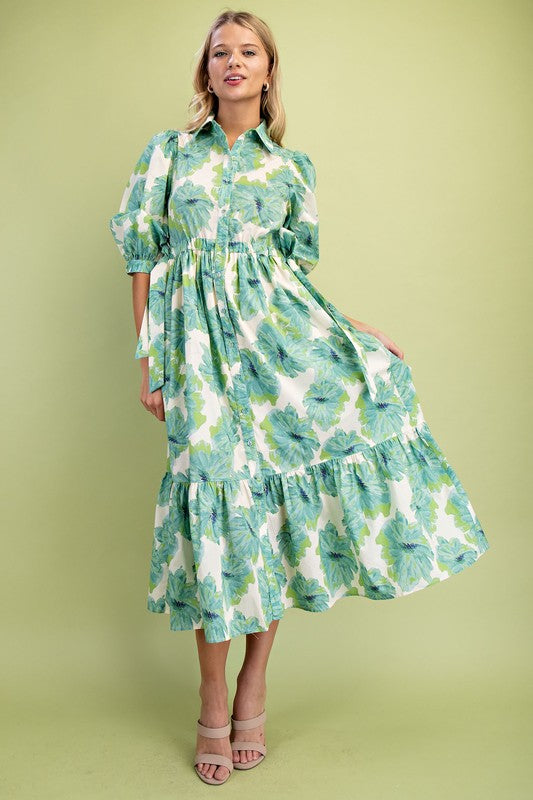 Green Floral Button Down Dress