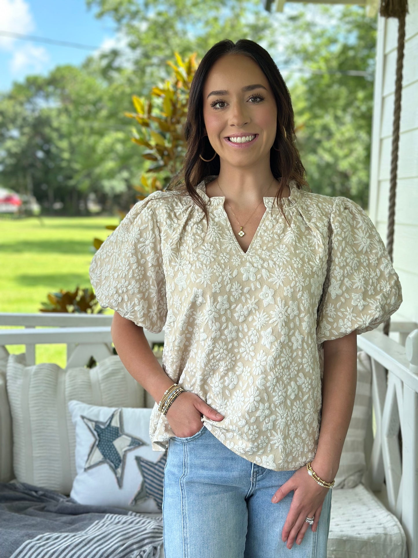 Oatmeal Floral Pattern Ruffled V-Neck Top