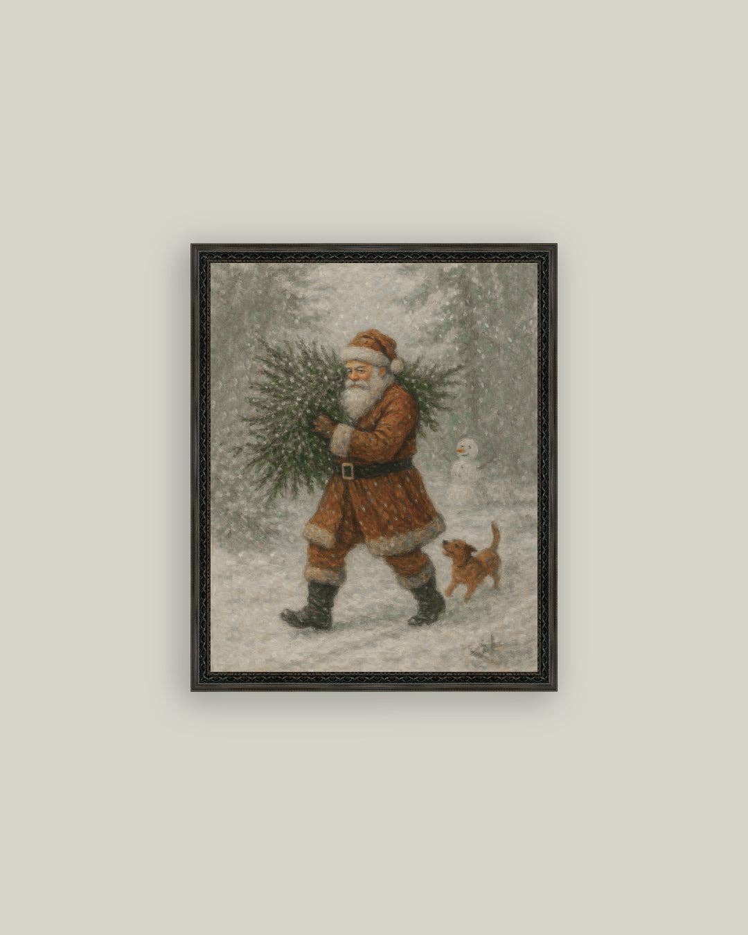Santa with Tree Framed Antique Art |  5x7