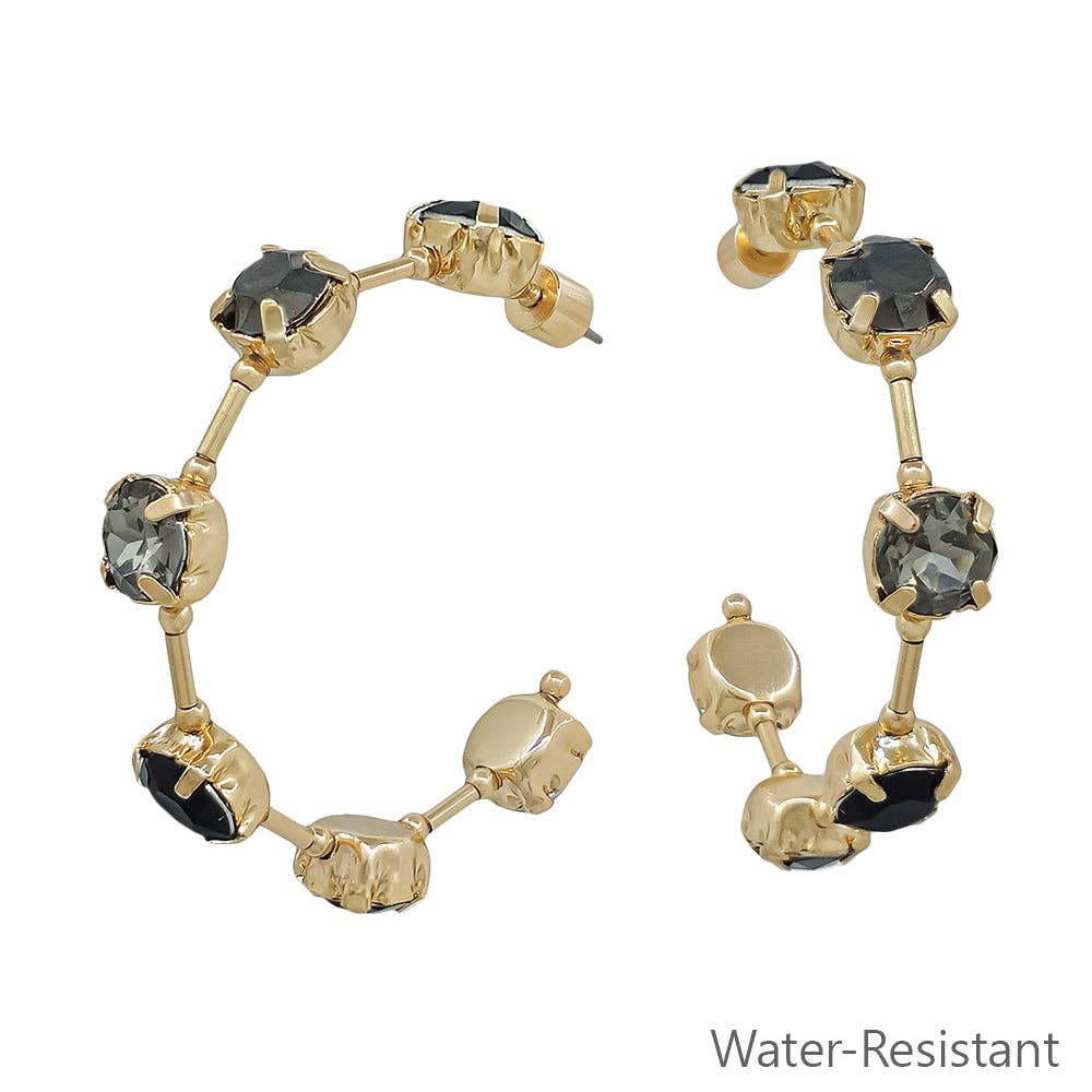 Water Resistant Gold Bar with Black Crystal 2" Earring