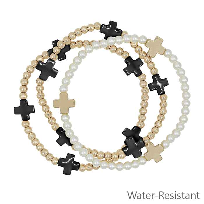 Gold Beaded with Black Cross and Pearl Set of 3 Stretch Bracelets